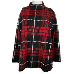 Anne Klein Sweater Womens Sz S Red Black‎ Plaid Pullover Mock Neck Split Hem